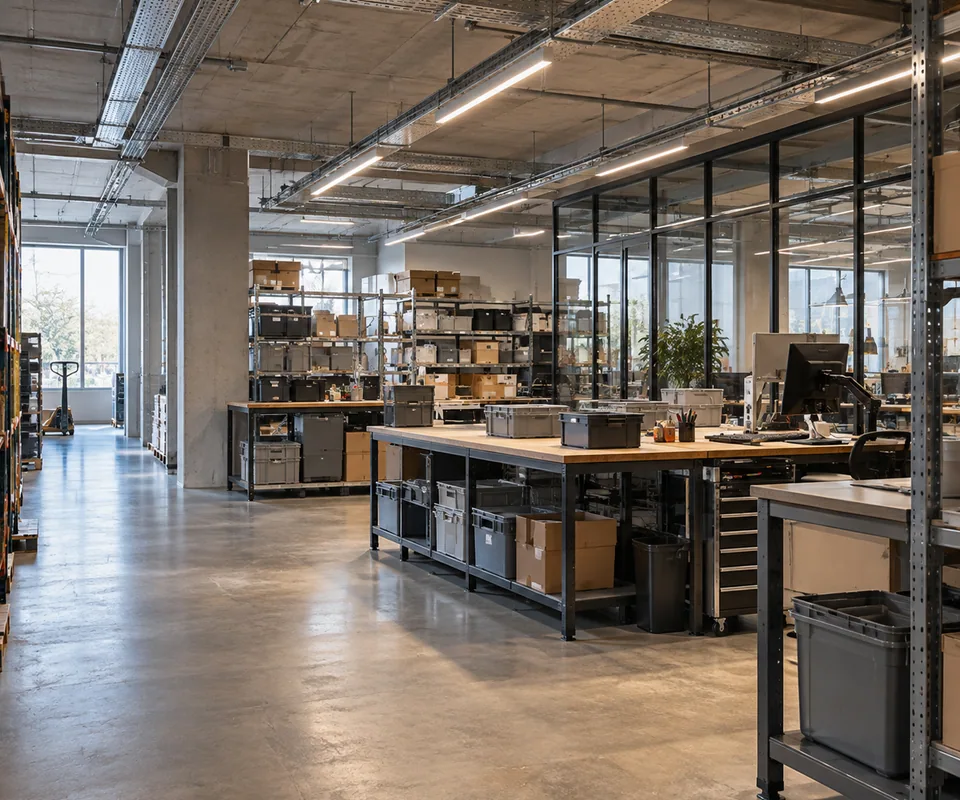 Espacio de trabajo con almacenamiento, puesto informático e infraestructura de iluminación y cableado integrada al entorno.